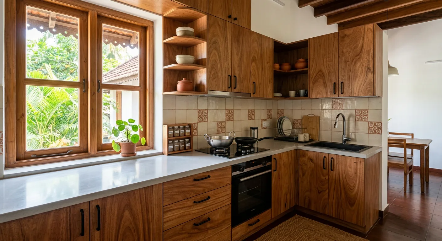 Compact L shaped modular kitchen in marine grade ply at a Fort Kochi home