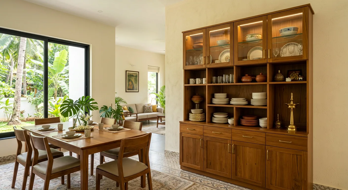 Tall lit crockery unit in an Aluva dining room