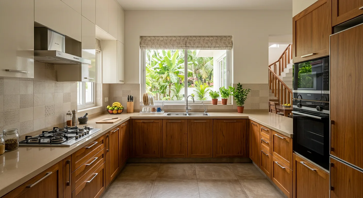 Large U shaped family modular kitchen at a Thrikkakara villa in Kochi