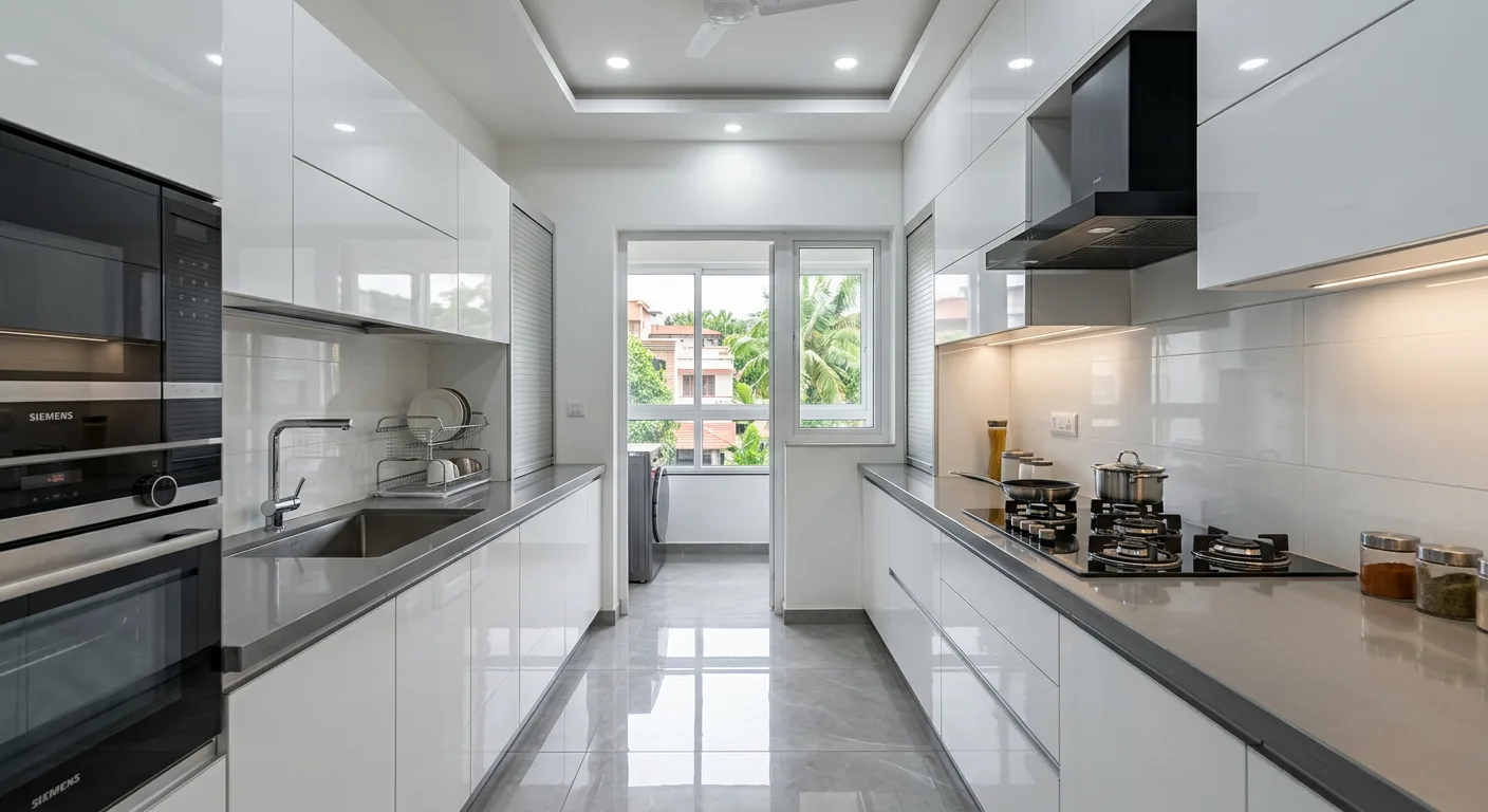 Parallel modular kitchen with white acrylic at an Edappally flat in Kochi