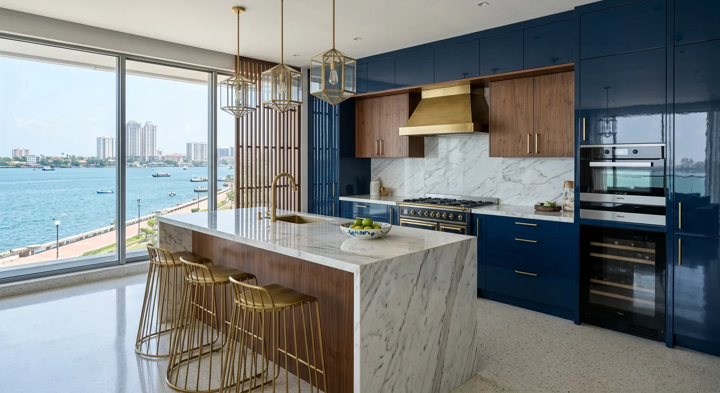 Premium lacquered modular kitchen at a Marine Drive penthouse in Kochi