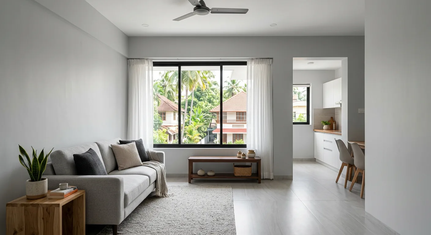 Straight line modular kitchen with vertical storage at a Vyttila flat in Kochi