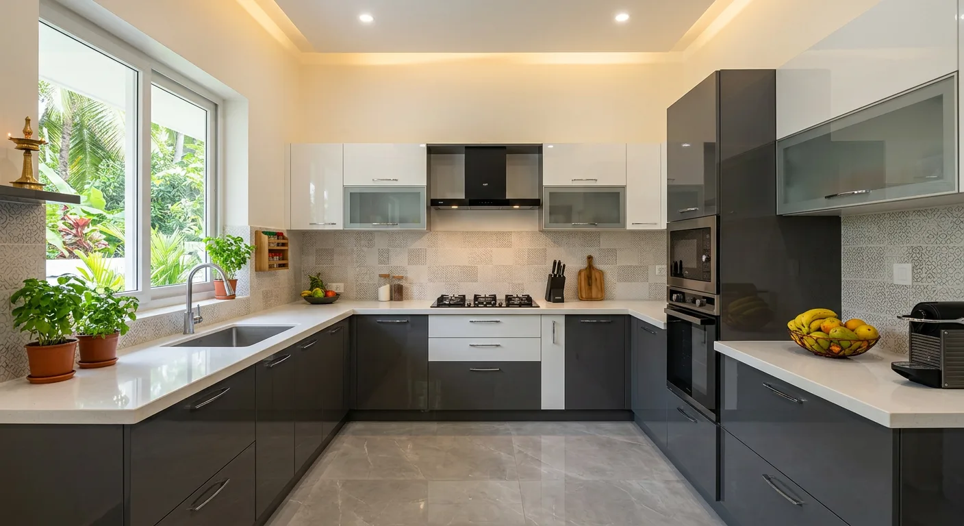 U shaped modular kitchen with lacquered glass shutters at a Tripunithura home