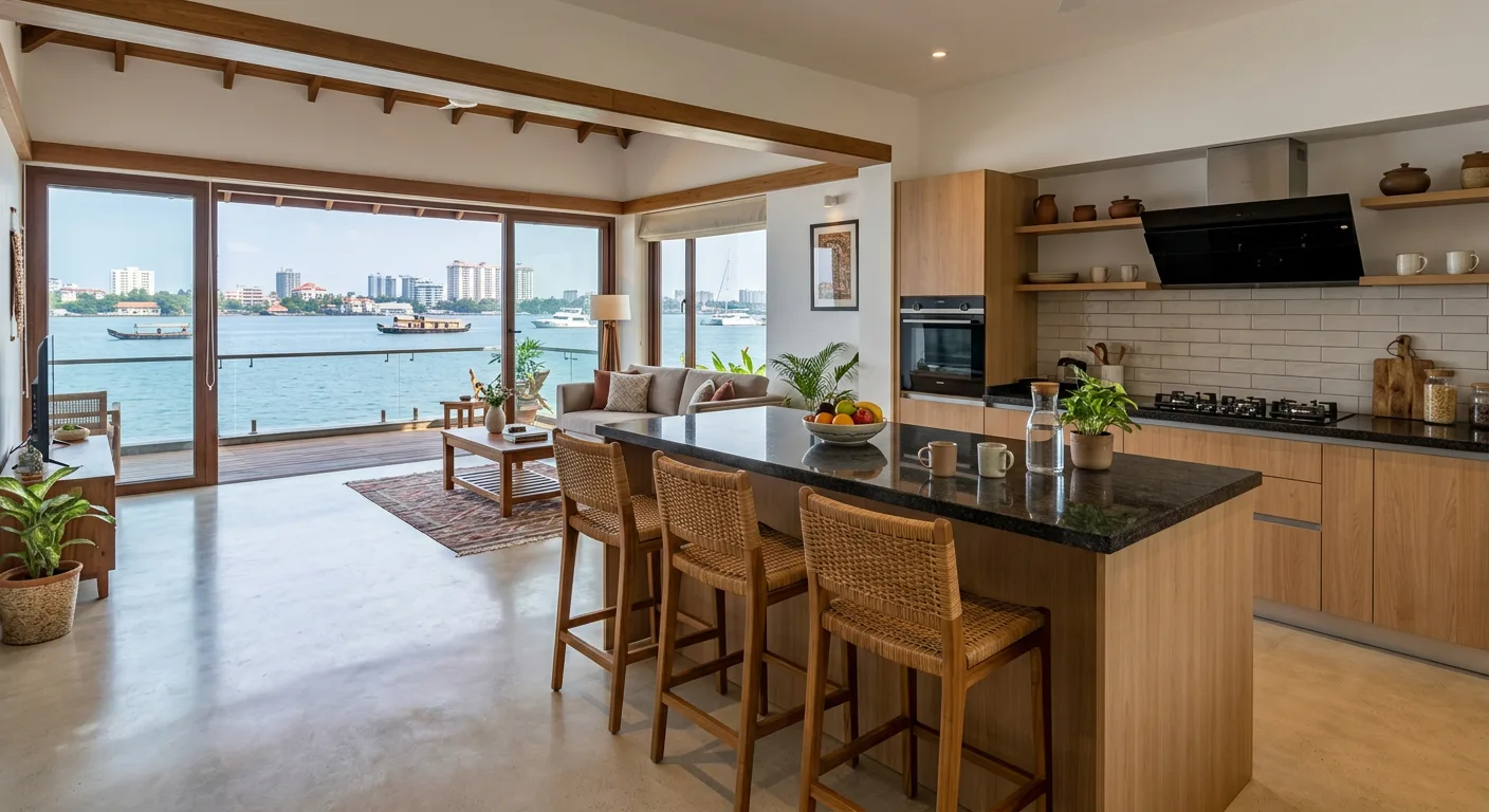 Open island modular kitchen with breakfast counter in a Kochi penthouse