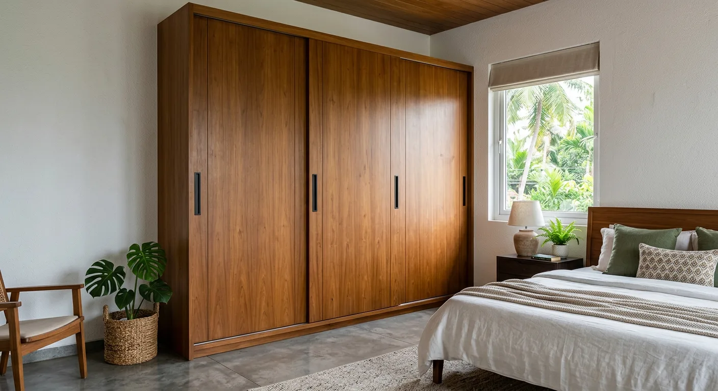 Modular sliding door wardrobe in a Kochi bedroom